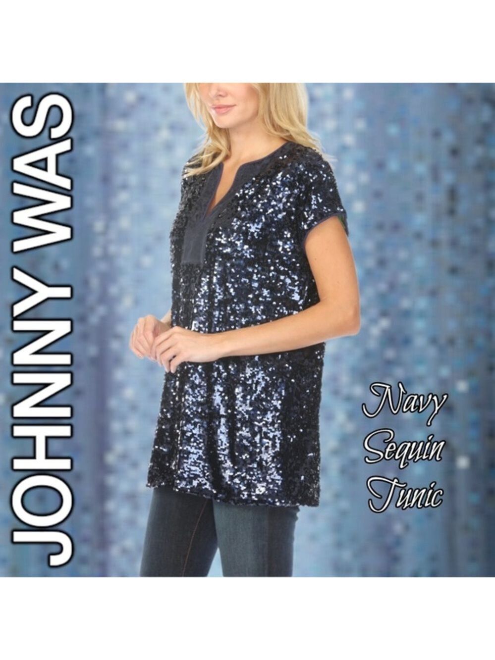 JOHNNY WAS Rena NAVY V-Neck Fully Lined Sequined Short Sleeve Tunic Top NWT/SM